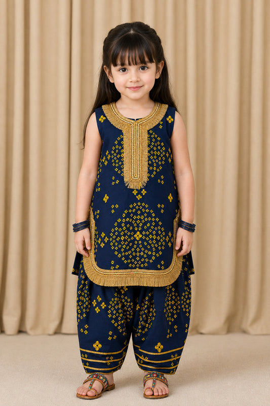 Girls Navy Bandhani Farshi Suit Set