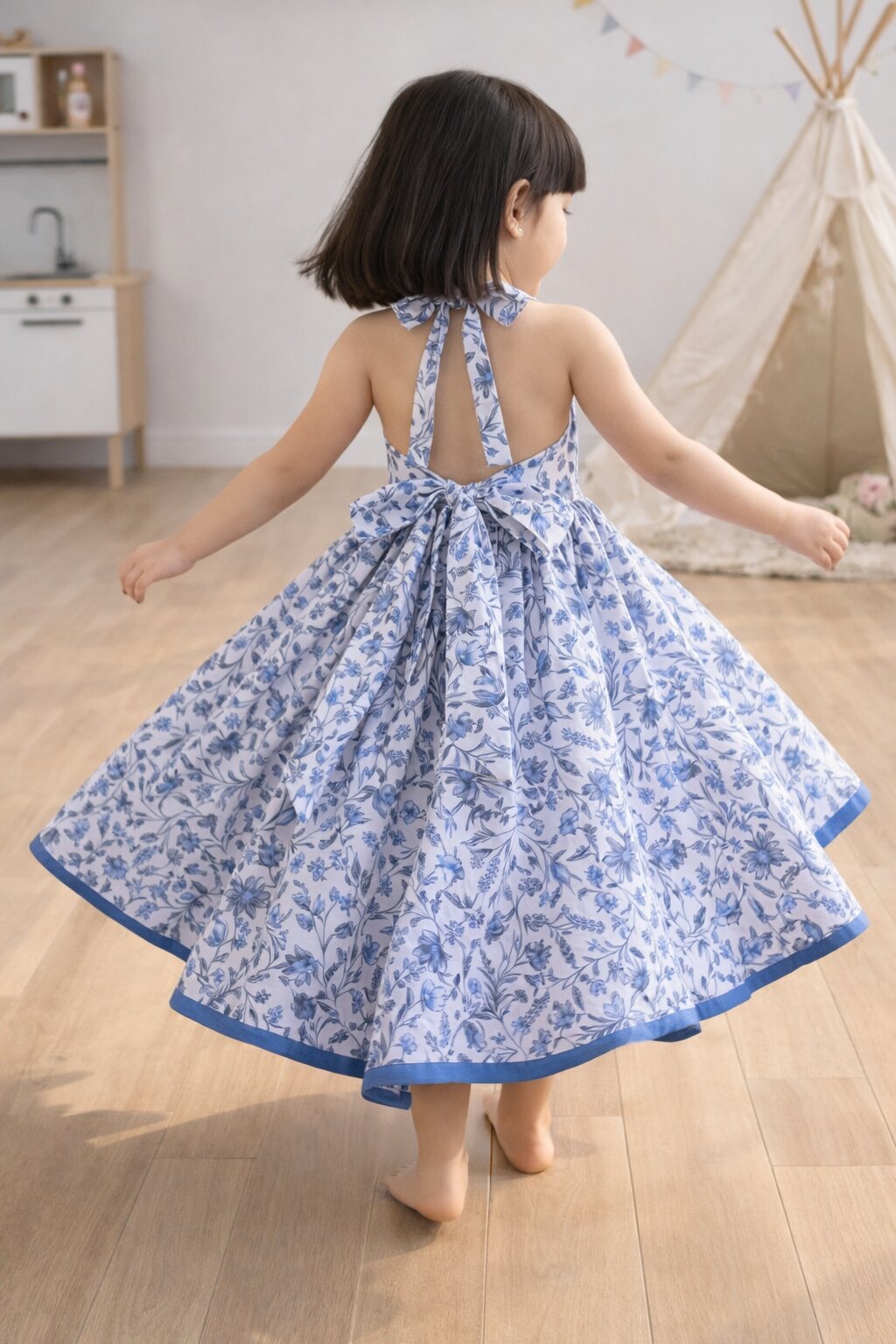Girls blue floral backless midi dress