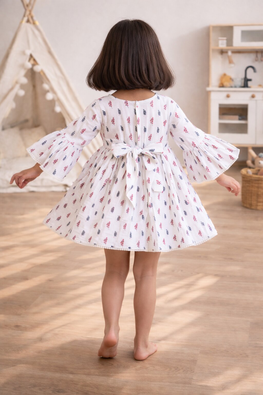 Girls White BluePink Flared Sleeves Dress