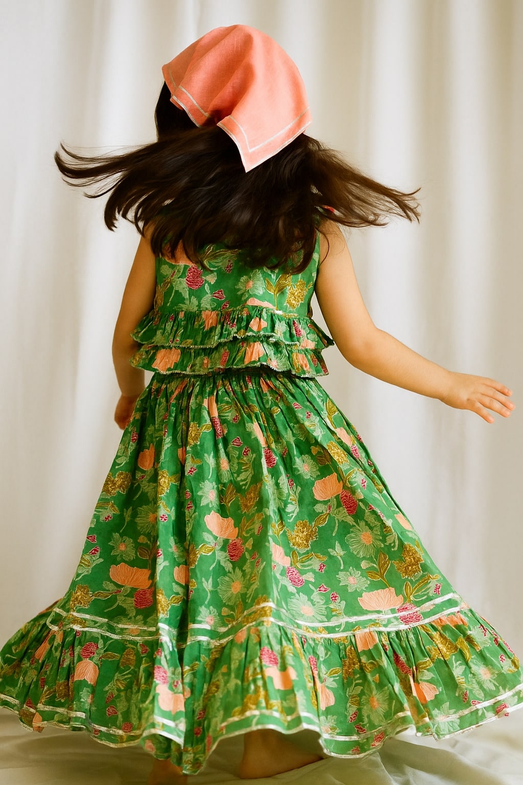 Minty Cotton Floral Lehenga Set With Head Scarf