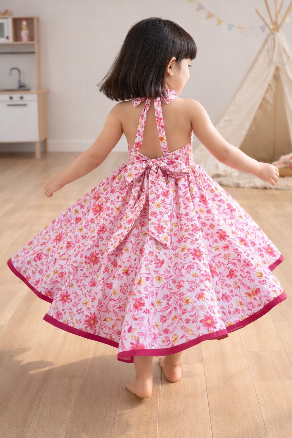 Girls pink floral backless midi dress