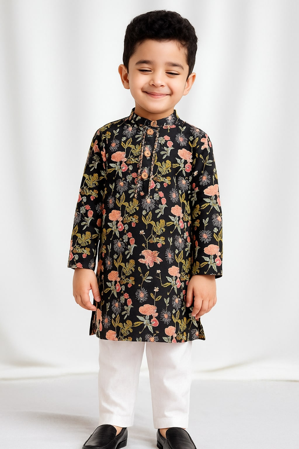 Boys Floral Kurta Pajama Set - Black