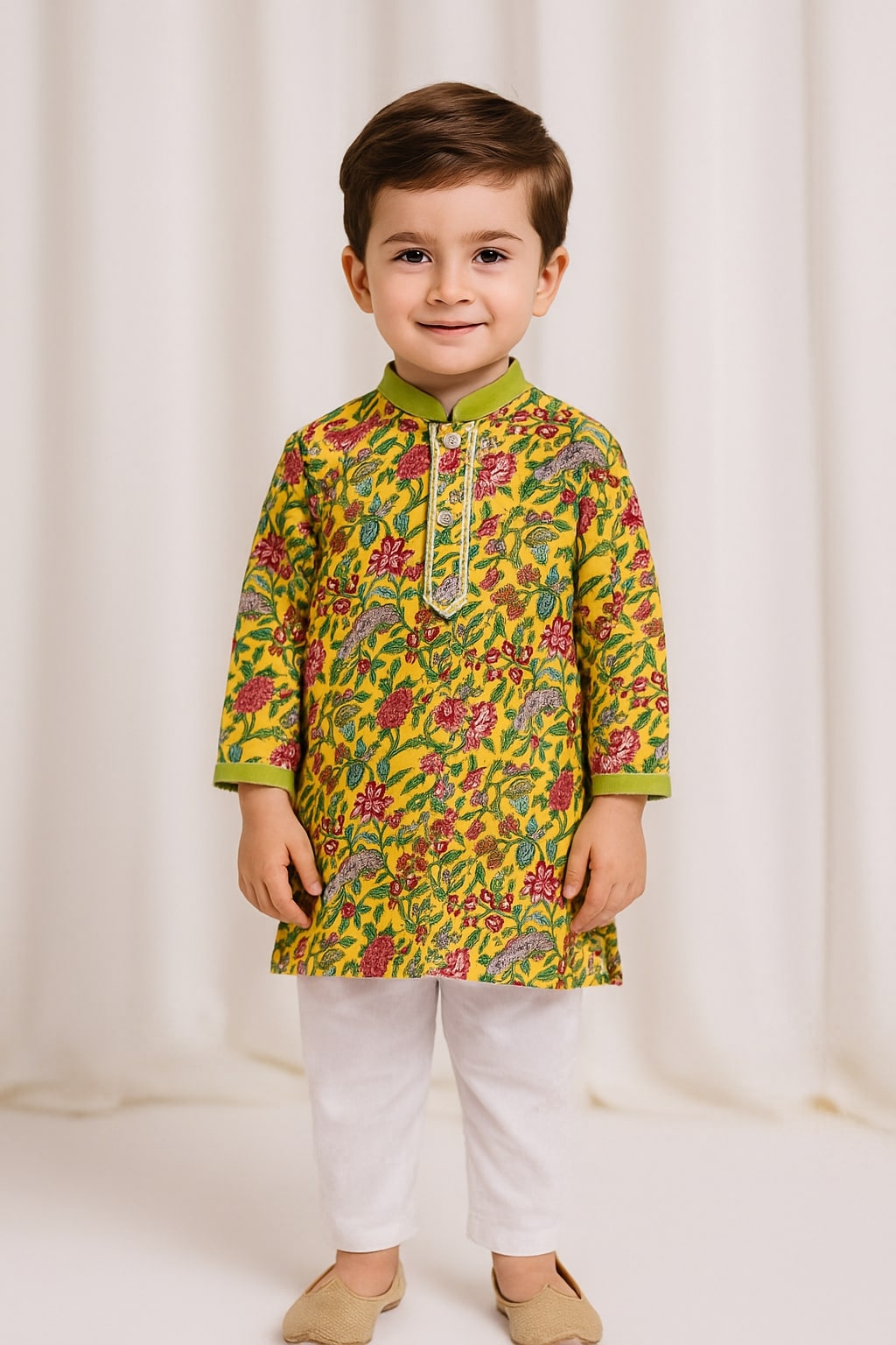 Boys Floral Kurta Pajama Set - Yellow
