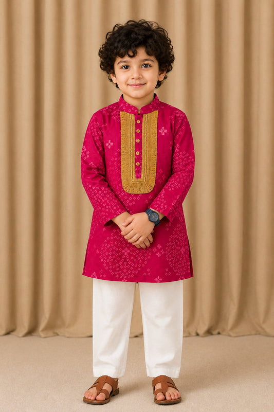 Boys Magenta Bandhani Kurta Set
