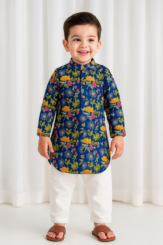 Boys Floral Kurta Pajama Set - Blue
