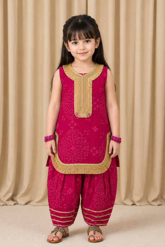 Girls Magenta Bandhani Farshi Suit Set