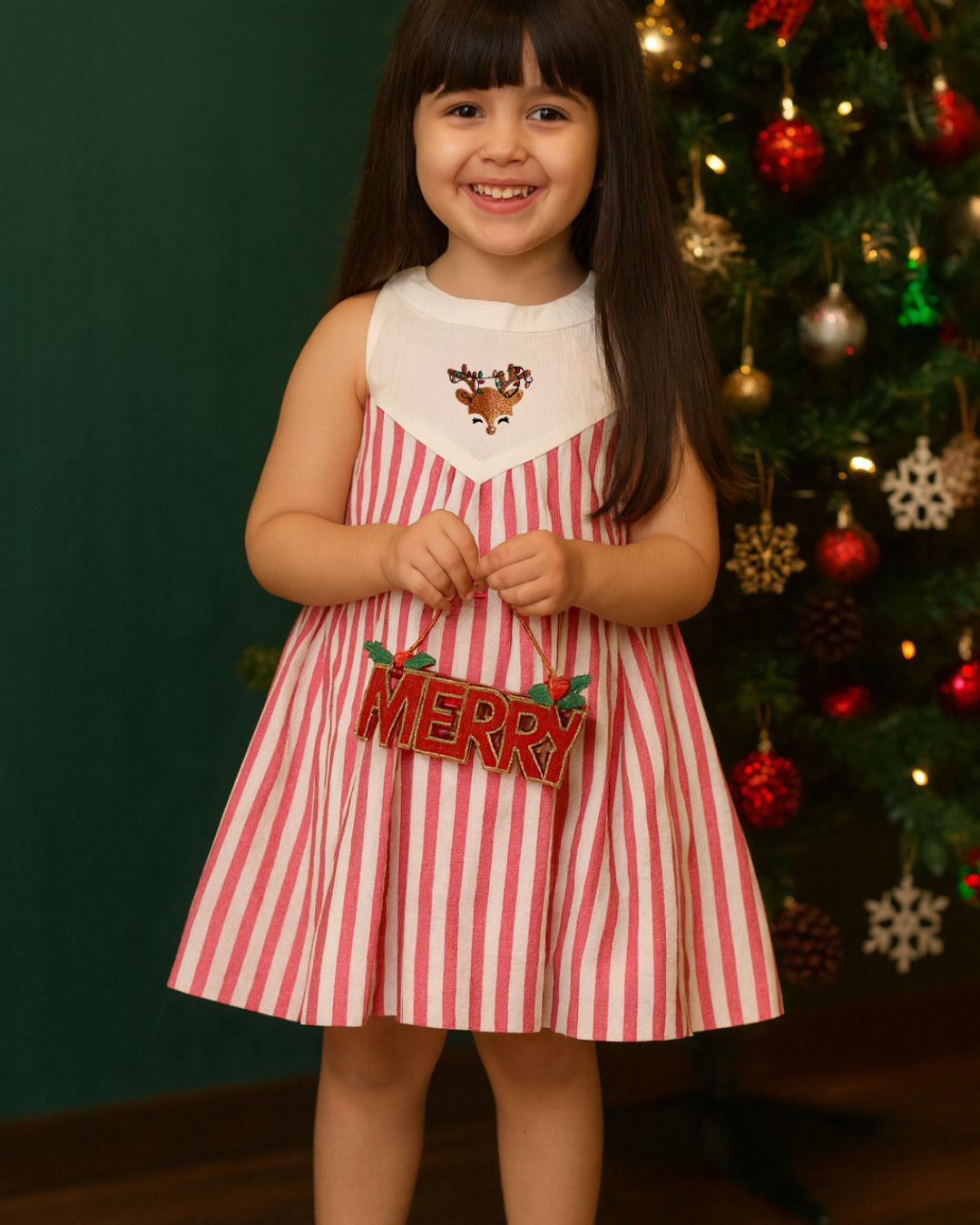 Girls Sleeveless Reindeer Embroidered Dress