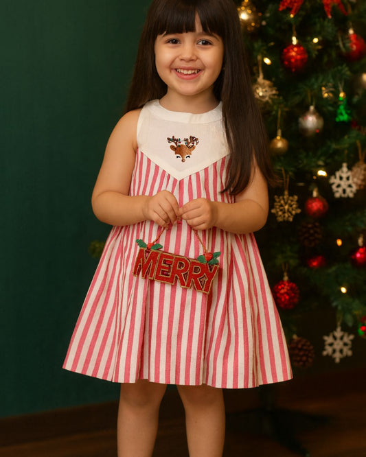 Girls Sleeveless Reindeer Embroidered Dress