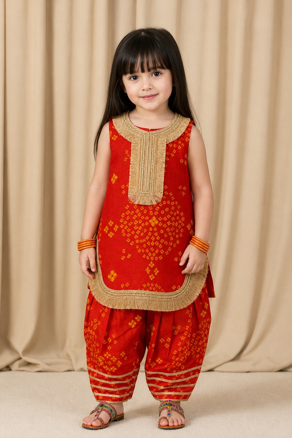 Girls Orange Bandhani Farshi Suit Set