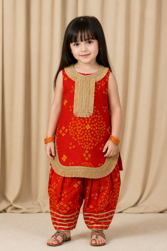 Girls Orange Bandhani Farshi Suit Set