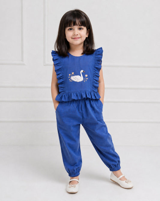 Girls Navy Swan Embroidered Coord Set