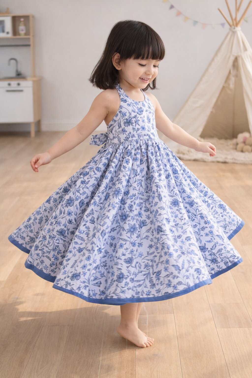 Girls blue floral backless midi dress