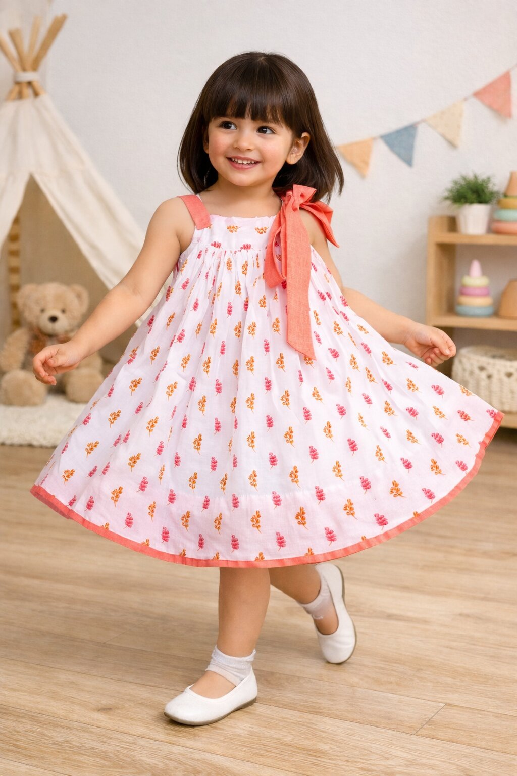 Girls_White_and_Peach_Knee_Length_Bow_Dress
