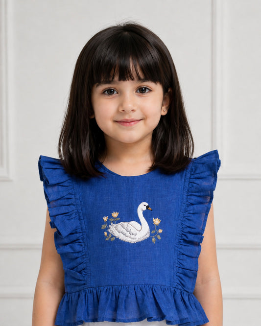 Girls Navy Swan Embroidered Ruffled Top