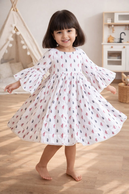 Girls White BluePink Flared Sleeves Dress
