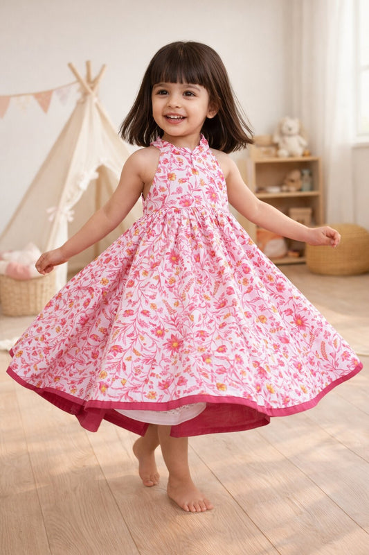 Girls pink floral backless midi dress