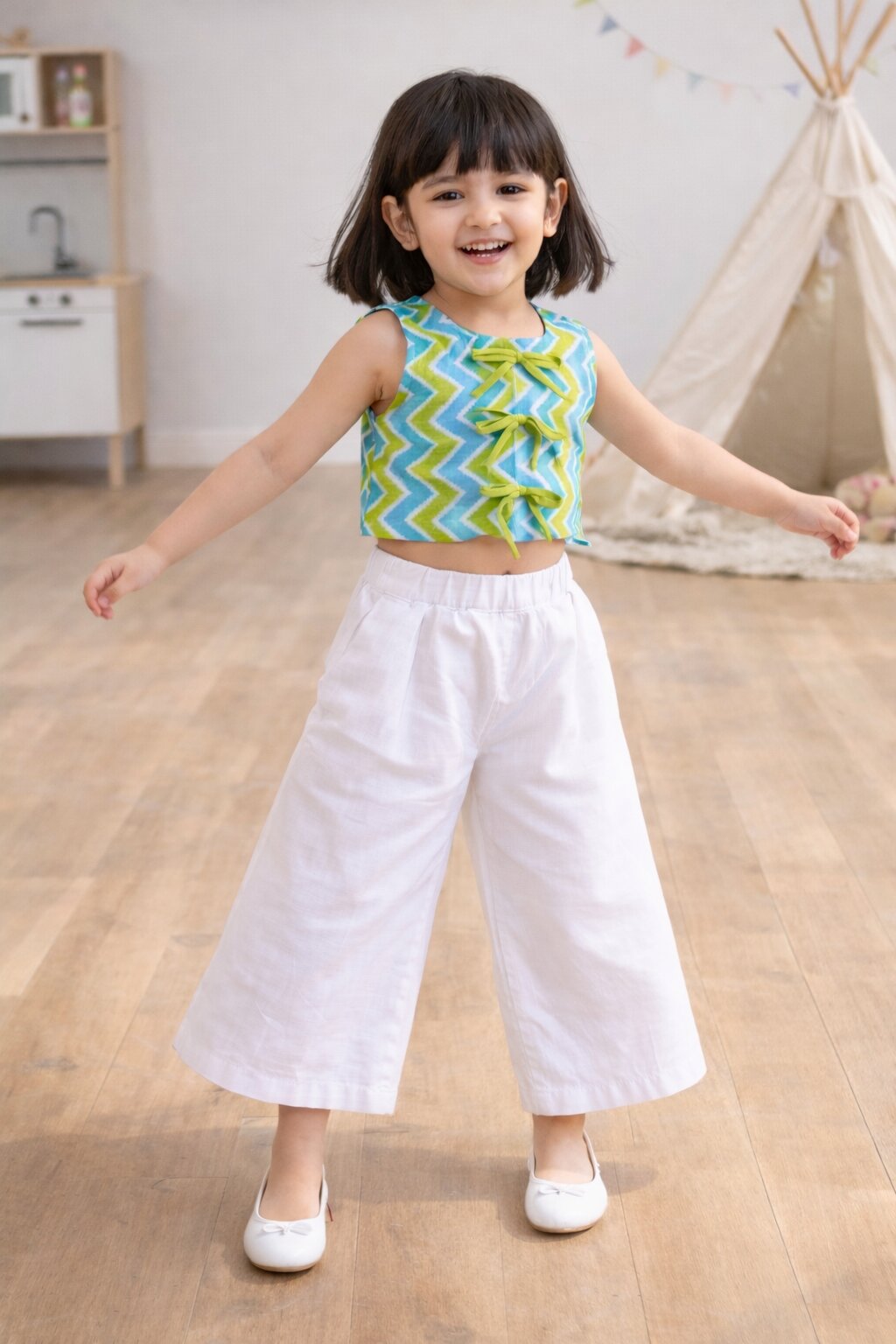 Girls Green Chevron Crop Top Set