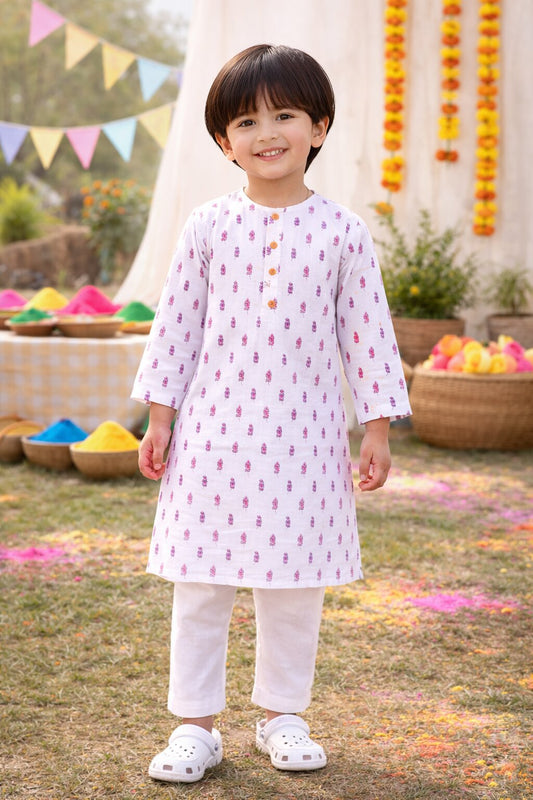 Boys White BluePinkButa Kurta Set