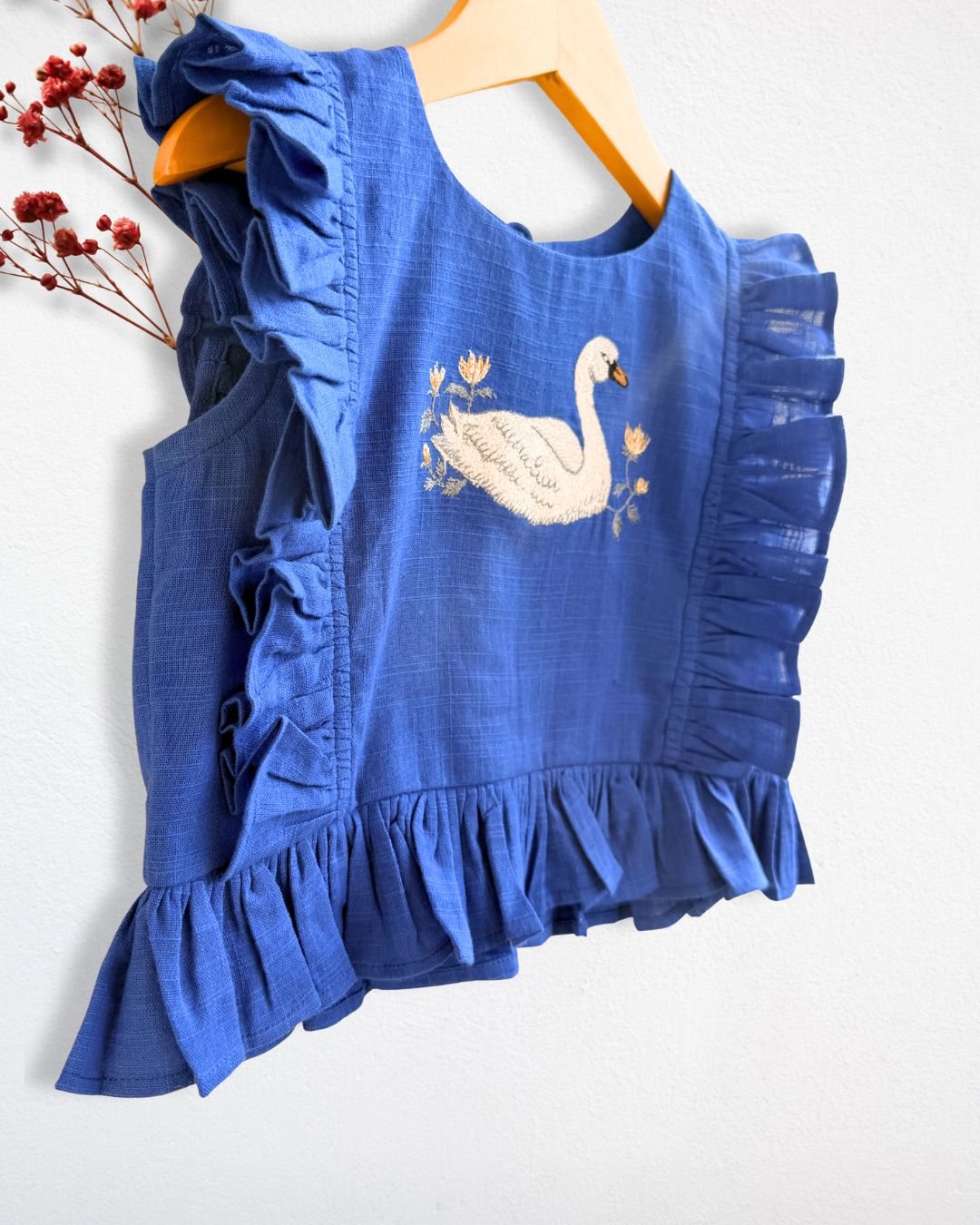 Girls Navy Swan Embroidered Ruffled Top