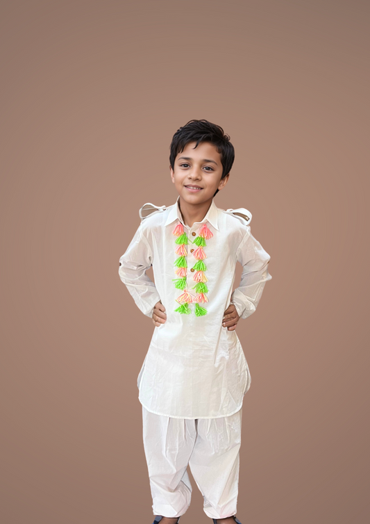 Boys White Pathani Kurta Set With Multicolour Tassels (Holi Special)