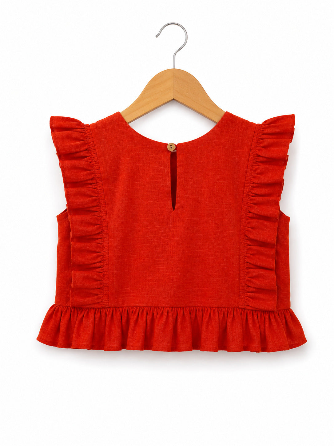 Girls Orange Floral Embroidered Ruffled Top