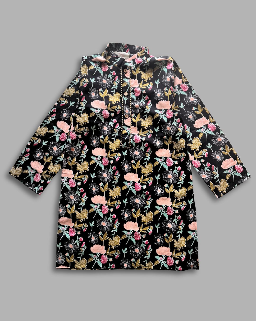 Boys Floral Kurta Pajama Set - Black