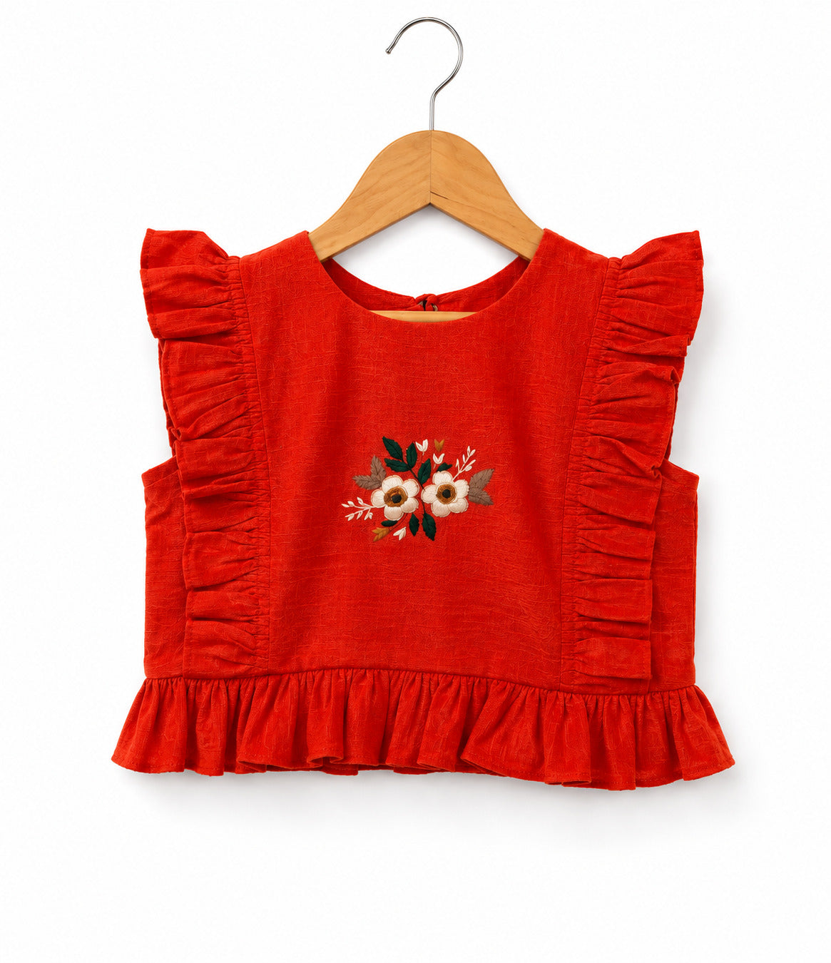 Girls Orange Floral Embroidered Ruffled Top