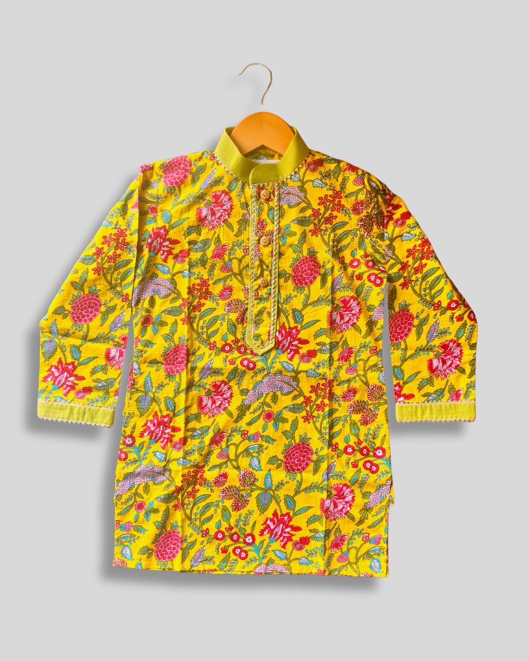 Boys Floral Kurta Pajama Set - Yellow